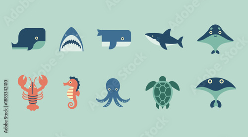 Marine life and sea animals collection featuring whale shark octopus seahorse turtle and stingray in minimalist geometric flat vector style