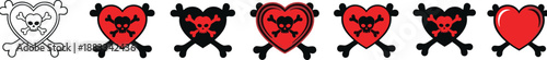 Heart Skull Love Punk Gothic Tattoo Icon Set Symbol Red Black Danger Romance Alternative Valentine Graphic Illustration Design Collection