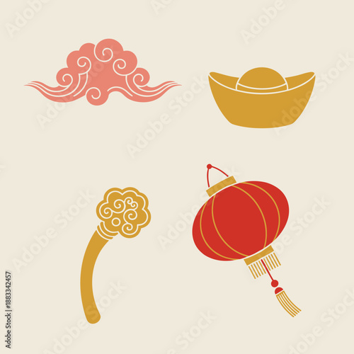 Traditional Chinese cultural symbols collection featuring red lantern gold ingot auspicious cloud and ruyi ornament for lunar new year festival