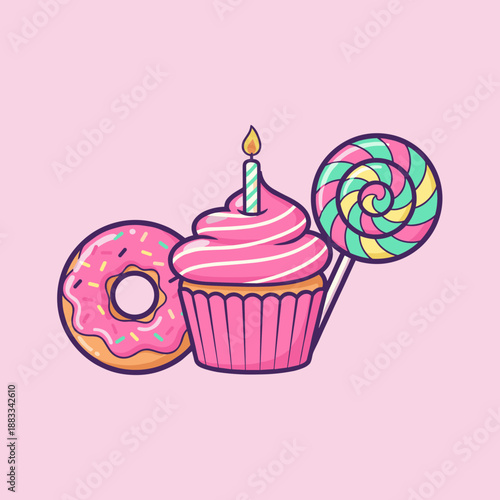Delicious dessert collection featuring pink glazed donut, cupcake with candle and colorful spiral lollipop in sweet kawaii cartoon style