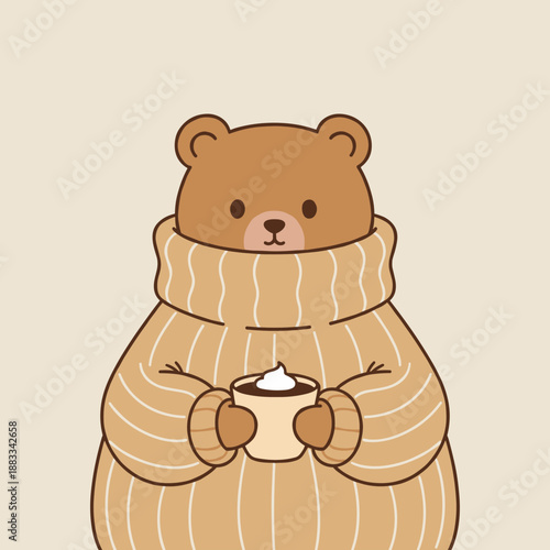 Adorable brown bear wearing cozy beige turtleneck knitted sweater holding cup of hot chocolate with whipped cream, cute winter animal character illustration
