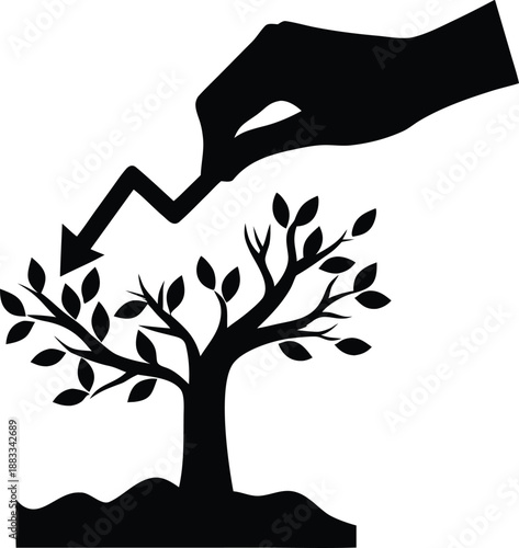 Symbolic representation of human impact on nature featuring a hand and wilting tree