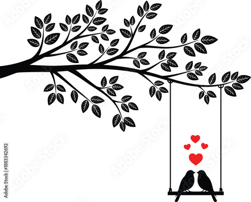 Love Birds Swing Romance Romantic Heart Hearts Tree Branch Silhouette Couple Nature Valentine Tender Sweet Affection Harmony Peace Minimal Simple Concept Illustration