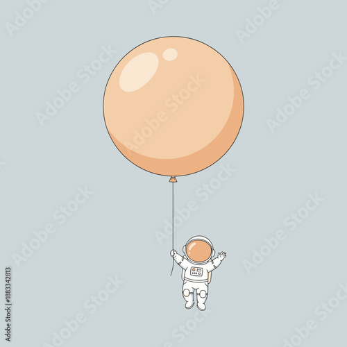 Small cute astronaut floating in space holding a giant peach colored balloon flat vector illustration concept for space exploration dreams