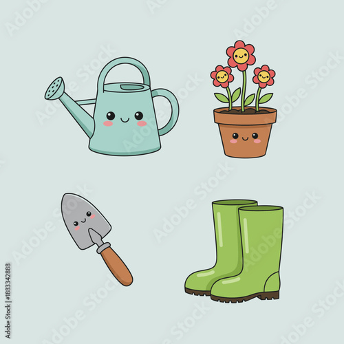 Cute gardening tool set with kawaii watering can, flower pot, garden trowel and green boots isolated on soft blue background for hobby.