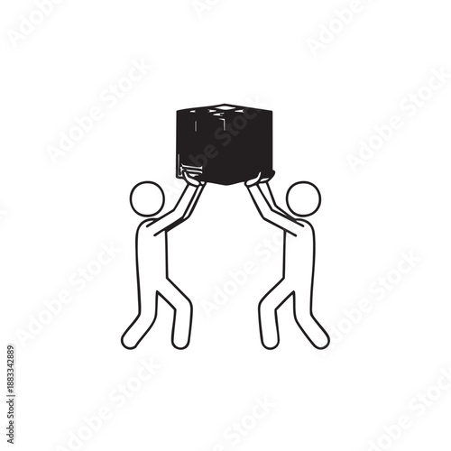 Two stick figures carrying a large black whisk on their shoulders two people simple line black and white