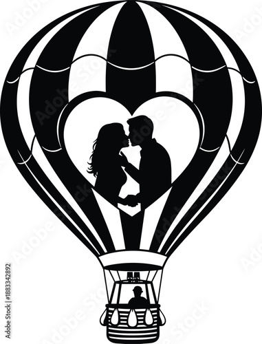 Love Couple Romance Balloon Heart Silhouette Valentine Romantic Kiss Wedding Engagement Anniversary Flying Sky Travel Date Illustration Vector Art