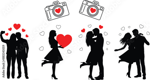 Love Couple Romance Valentine Silhouette Hearts Camera Photography Relationship Dating Kissing Hugging Romantic Passion Wedding Proposal Illustration Vector Design