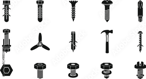 Screw bolt and hardware tool icon set including anchors nuts hammer and fasteners black vector illustration collection