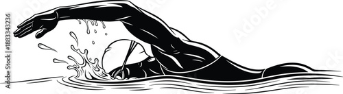 Professional swimmer performing freestyle stroke black silhouette illustration for sports, fitness training, competition and aquatic lifestyle concept