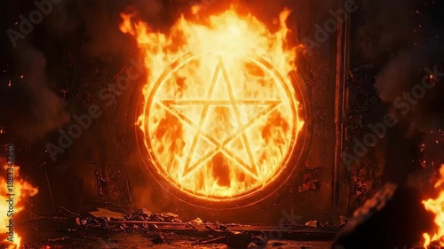 Fiery pentagram symbol burning intensely against a dark, textured background, creating a dramatic scene.