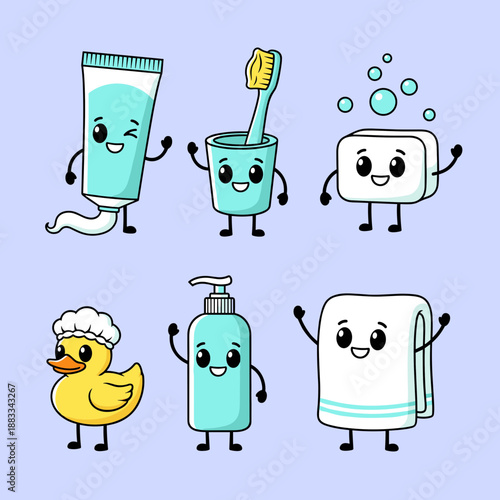 Cute cartoon bathroom and hygiene characters with happy faces including toothpaste, toothbrush, soap, rubber duck, lotion, and towel on blue