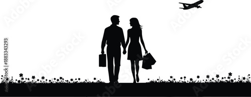 Love Couple Silhouette Romance Together Journey Travel Holding Hands Date Bond Unity Affection Tender Walk Dream Flight Horizon Meadow Bliss