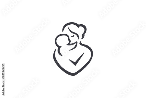 Mother and baby protection heart icon with check mark in minimal line style.