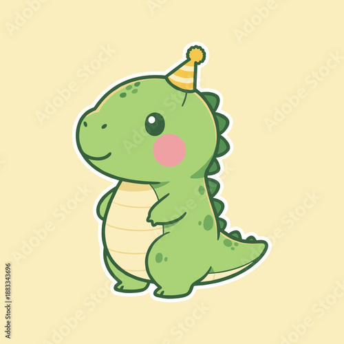 Adorable green dinosaur character wearing a yellow party hat with a pink cheek standing on a warm yellow background in a flat cartoon style