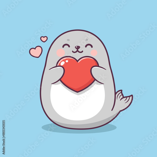Adorable Seal Character Holding Red Heart Sweet Sea Animal Vector Illustration in Kawaii Style for Valentine Day and Love Themed Concept Art