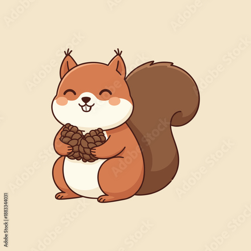 Happy squirrel character holding pine cones illustration, cute autumn forest animal with bushy tail and smiling face for seasonal design art