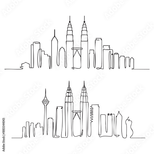 Two continuous line of city skylines with distinct buildings architecture skyscraper