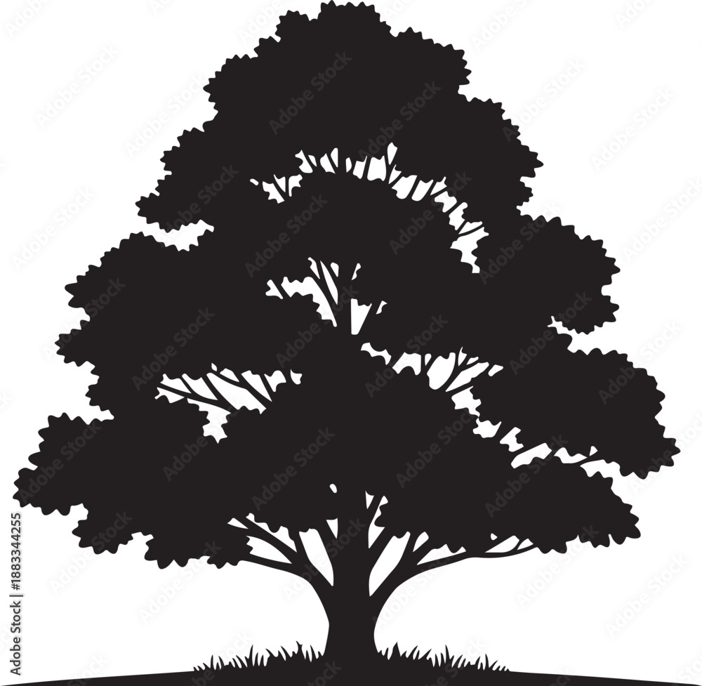 Fototapeta premium Minimalist black tree silhouette illustration with a thick leafy canopy and intricate branch structure isolated on a white background for environmental nature and park design