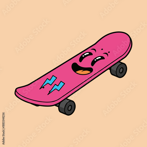 Fun Pink Skateboard Character with Happy Smiling Face and Blue Lightning Symbols Isolated on Peach Background Kawaii Sport Object Illustration