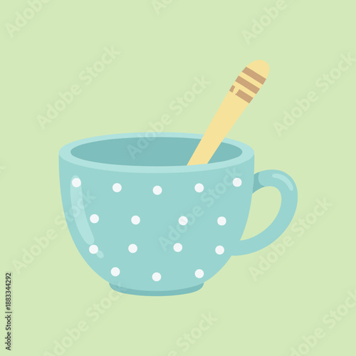 Blue polka dot ceramic cup with a wooden spoon inside on a light green background, cozy morning coffee or tea time flat vector illustration