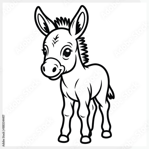 Cute baby donkey standing alone isolated on white background, Vector, illustration