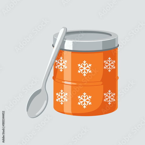 Orange Kitchen Canister with Snowflake Pattern and Metal Lid, Realistic Vector Illustration of Storage Jar with Silver Spoon for Winter Theme