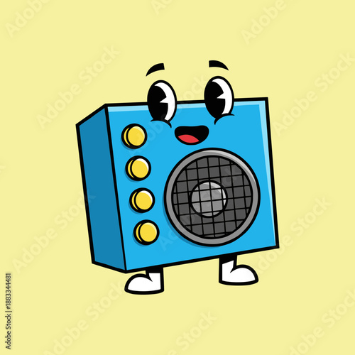 Cute retro blue speaker character illustration with happy face and yellow buttons isolated on light yellow background for music concept