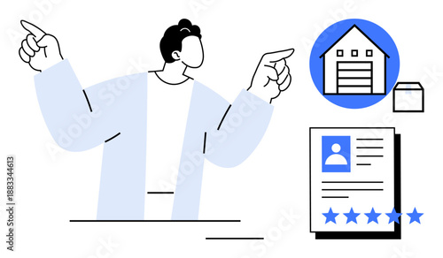 Man gesturing to icons of a house, rating document, and package. Ideal for real estate reviews, logistics, client feedback, identity management, e-commerce services, delivery operations and service