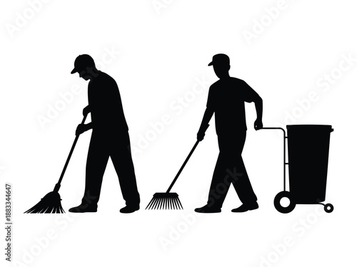 Silhouettes of men sweeping and raking isolated on white background, Vector, illustration