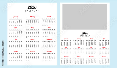 Set of simple calendars for 2026 with an illustration template