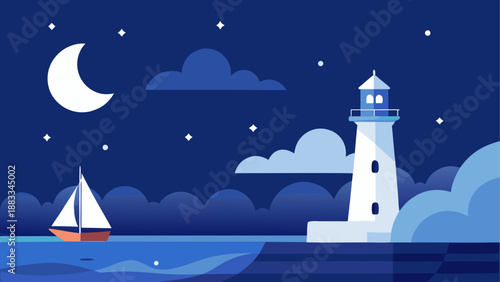 Nighttime lighthouse and sailboat illustration