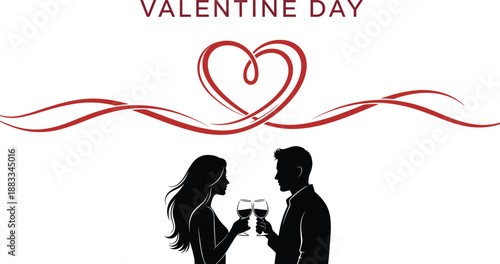 Valentine Love Romance Couple Toast Wine Glasses Silhouette Heart Banner Holiday Celebration Dating Relationship Evening Romantic Minimal Vector