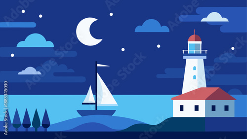 Nighttime lighthouse and sailboat illustration