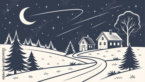 Whimsical winter night village with shooting star