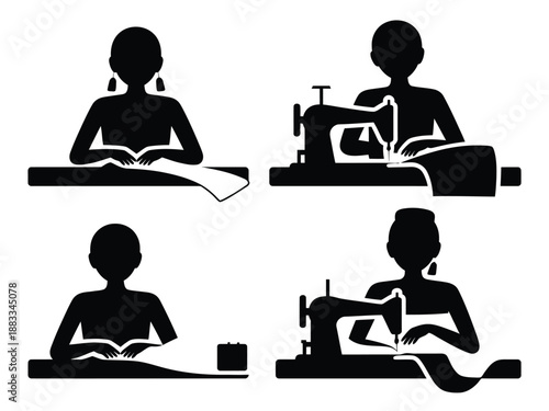 Silhouettes of women engaged in reading and sewing isolated on white background, Vector, illustration