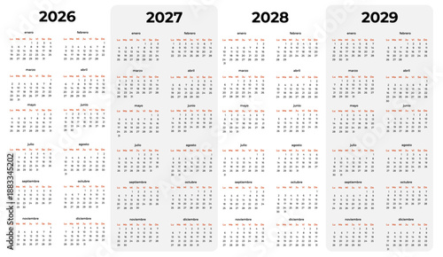 Set of vector black and white simple calendars for 2026-2029 in Spanish