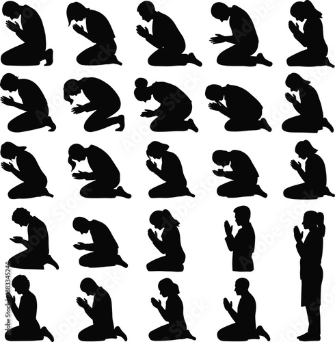 Collection of Muslim prayer silhouettes showing different Islamic namaz postures, worship positions and spiritual devotion, isolated black figures representing faith, religion, 