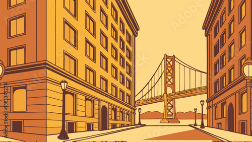 Vintage cityscape with iconic bridge and buildings