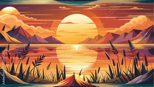 Vibrant sunset landscape with mountains and reflection