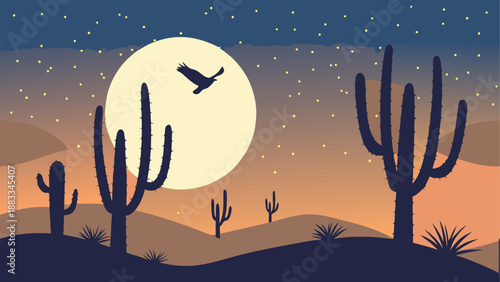 Desert night scene with cacti and moon