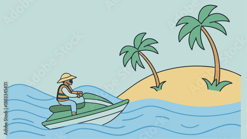 Tropical island adventure with jet ski and palm trees