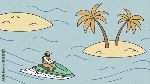 Tropical island adventure with jet ski and palm trees
