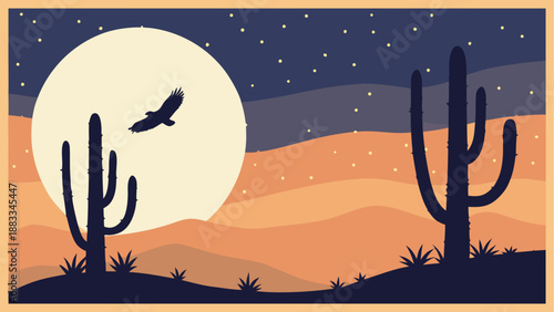 Desert night with moon and cactus silhouettes