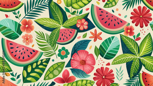 Vibrant tropical watermelon and floral pattern