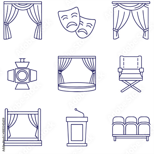 A collection of icons representing various elements of a theatrical performance or presentation setup