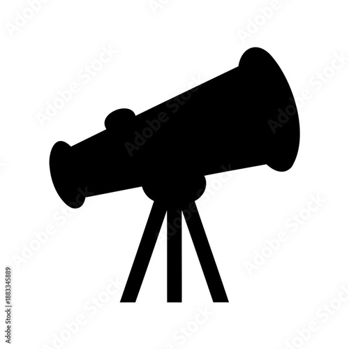 Silhouette of a classic telescope on a tripod against a white background