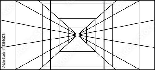 Abstract perspective corridor grid, line art vector, depth illusion background
