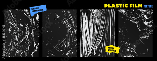 Modern set of polyethylene textures. Textured crumpled plastic film. Stretched wrinkled cling film. Grunge vector graphics of cellophane packaging for template, mockup, print, cover, flyer