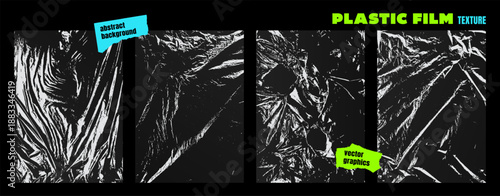 Grunge set of polyethylene textures. Textured crumpled plastic film. Stretched wrinkled cling film. Vector graphics of cellophane packaging for template, mockup, print, cover, flyer